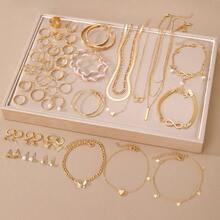 Conjunto de joyería metálica asimétrica para mujer, que incluye collar, aretes, anillo, pulsera y tobillera - Amarillo Oro - Ver 5