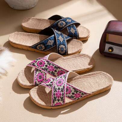 男女通用轻便透气编织印花拖鞋，适合室内/家居使用