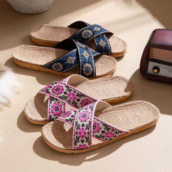 男女通用轻便透气编织印花拖鞋，适合室内/家居使用