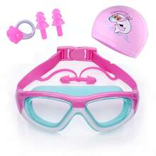 高清儿童泳镜，男女童通用，防雾大镜框，舒适硅胶材质，含泳帽和鼻夹套装 - 彩色 - 查看 4
