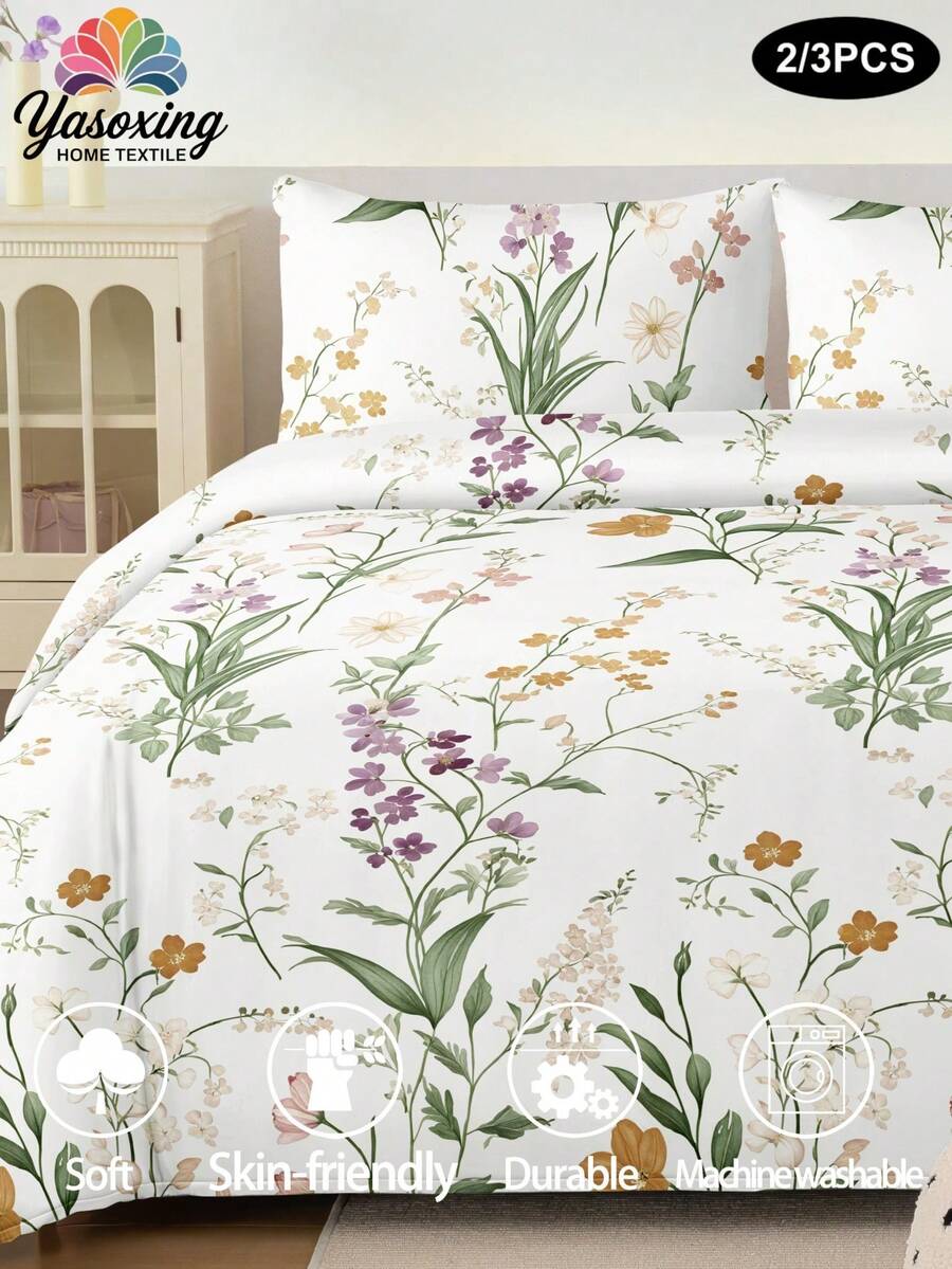 2/3pcs Exquisite Purple Green Plant Pattern Duvet Cover Set (Filling Not Included), Suitable For All Seasons, Soft And Comfortable. (1pc*Duvet Cover + 2/3pcs*Pillowcases, Pillow Inserts Not Included). Soft Dual-Color Design Bedding Set, Suitable For Bedroom And Guest Room, Suitable For Large/Medium/Small Double Bed Sizes. Breathable Soft Microfiber Bedding, Durable And Easy To Care For. - Pastel Green - View 1