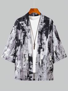 Abstract Brush Stroke Print 3/4 Sleeve Robe, Streetwear Loose Fit Lightweight Cardigan, Men's Kimono Shirt - Multicolor - View 8