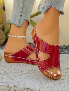 Plus Size 36-45 Summer Fashion Casual Open Toe Thick Bottom Sandals, Pink Matte, Black, Blue, Brown, Beige, Comfortable & Versatile Roman Wedge Slippers For Women - Red Crocodile Pattern - View 5