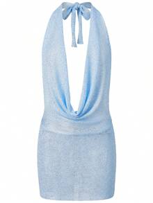Sequin Backless Dress For Women Knit Cowl Neck Halter Mini Dress Glitter Low Back Sparkle Party Dresses - Màu xanh lam - Xem 5