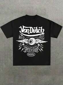 100% Cotton Plus Size Black Graphic Tee Retro Motorcycles Speed Shop Winged Eye Print Vintage Streetwear Brand Merch Casual Short Sleeve T-Shirt,220g Cotton T-Shirt,Gift,Summer,Unise - Black - View 1