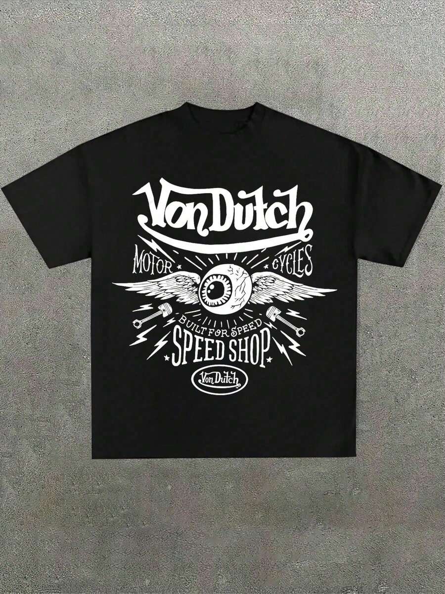 100% Cotton Plus Size Black Graphic Tee Retro Motorcycles Speed Shop Winged Eye Print Vintage Streetwear Brand Merch Casual Short Sleeve T-Shirt,220g Cotton T-Shirt,Gift,Summer,Unise - Black - View 1