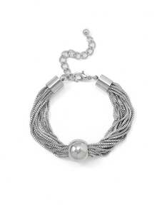 1pc Luxury Minimalist Snake Bone Chain Round Bead Bracelet, Women's Office Commute High-End Versatile Silver Hand Accessory - Silver - View 5