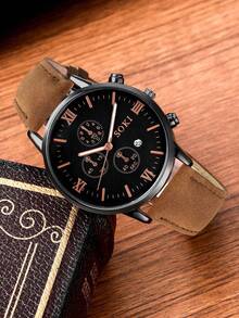 SOKI SOKI 1 pièce Montre d'homme avec fonction calendrier, cadran rond à la mode, mouvement à quartz, bracelet en PU, convient pour un port quotidien, cadeau d'anniversaire, fête, rassemblement de vacances, cadeau idéal pour vous-même ou vos amis. Aucune boîte d'emballage incluse. - Tabac - Voir 5