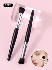 2Pcs Soft Slope Concealer Brush Set | Professional Synthetic Fiber Makeup Brushes | Black Handle | Face Makeup Tools For Beginners - Black - View 3