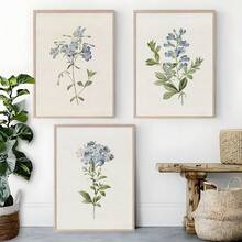 一套三幅复古蓝色植物画廊墙面艺术印刷品，乡村风格墙面装饰，花卉艺术帆布海报，乡村农舍风格装饰，适用于客厅、卧室、厨房、餐厅、咖啡厅、家庭办公室、走廊、家居和房间装饰 - 彩色 - 查看 9