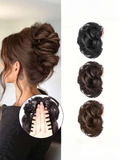 合成纤维凌乱发髻、假发发夹、马尾辫、慵懒发髻、波浪卷马尾辫、假发发夹发髻、卷曲波浪马尾辫发饰，适合女性和女孩