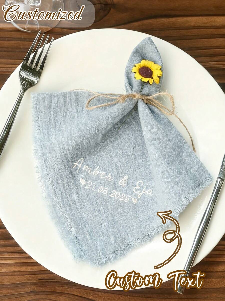 Khăn ăn bằng vải thêu tên và ngày cưới theo yêu cầu cá nhân, có tua rua. Khăn ăn kỷ niệm ngày cưới phong cách Boho thêu theo yêu cầu. Khăn ăn vuông mềm mại, đa năng, thích hợp làm quà tặng cho tiệc cưới, tiệc sinh nhật. - Nhiều màu - Xem 1