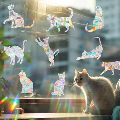 1 pièce Film de fenêtre statique arc-en-ciel coloré, motifs de chats, cœurs, cercles, étoiles, autocollant de décoration de fenêtre en matériau PVC
