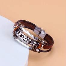 Hollowed-Out Curved Tube Beaded Stainless Steel Clasp Genuine Leather Bracelet - Coffee Brown - View 2