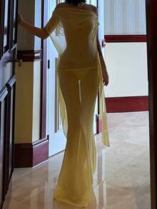 Women's Solid Color Backless Open Shoulder Fitted Sheer Mesh Sexy Dress Elegant Party Summer Yellow - Yellow - View 3