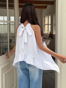EARO 女士时尚白色露背荷叶边吊带背心，宽松褶皱夏季吊带背心，优雅百搭 - 白色 - 查看 2