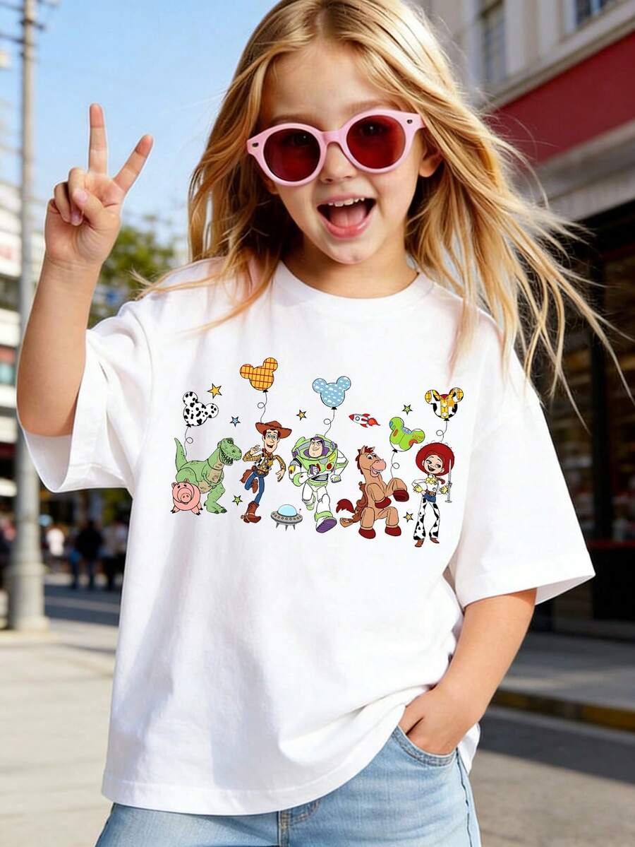 Disney Toy Story Woody And Buzz Lightyear Pull Mickey's Head Balloon With Lively And Fresh Colors Print Pattern Summer Tops,Short-Sleeved Casual And Cute Style  Children's Clothing Design, Girl Clothes For Kids ,Ropa Para Niños,Girl Clothes For Kids,Graphic Tee, Summer Clothes,Perfect For Cool Girls. Comfortable And Breathable Children's Short-Sleeved T-Shirt. Comfortable And Casual Wear All Year Round 180g Pure Cotton Children's Clothes,Comfortable & Lightweight, Iconic Print For Mix-And-Match Outfits,Suitable For Both Boys And Girls. - White - View 1
