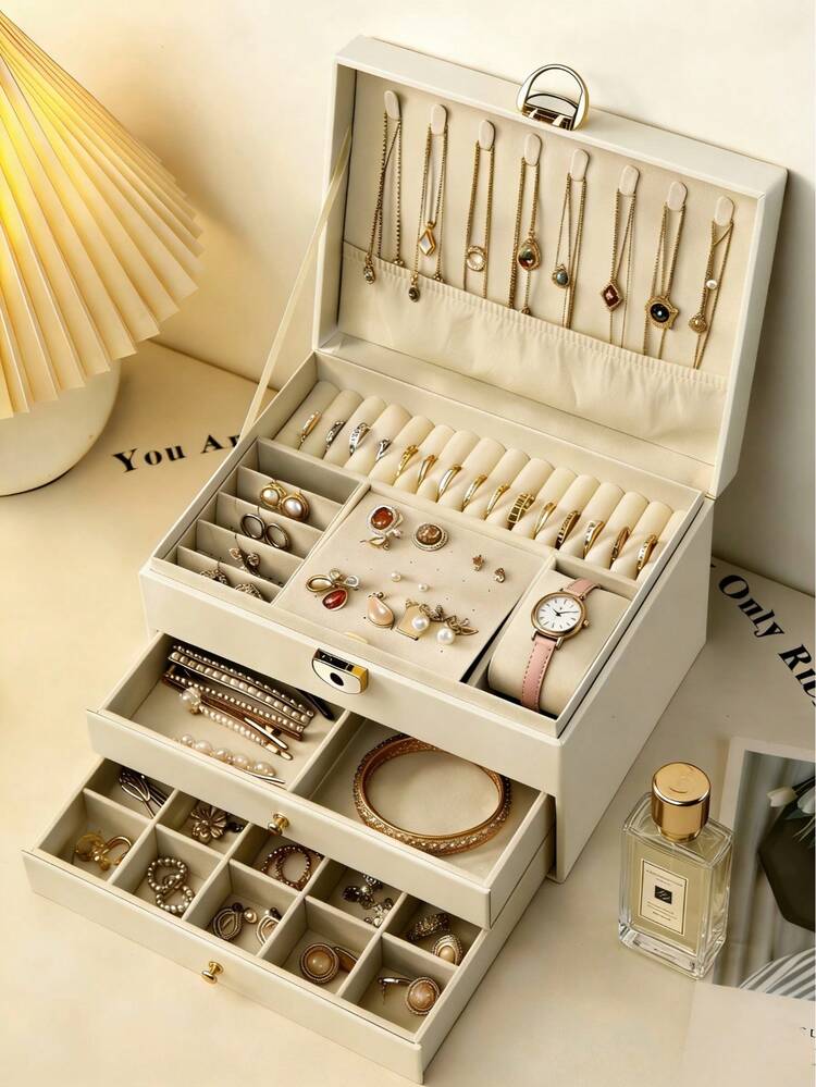 Smyckeskrin för kvinnor, smyckesförvaringslåda med glaslock och 3 lådor, kan förvara halsband, ringar, örhängen, armband, julklapp, organiseringsask för kvinnor, reseessens, förvaringshjälp i studentrum - Multifärgad - Visa 7