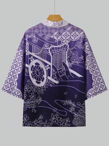 Elegant Purple Geometric Pattern 7/8 Sleeve Robe, Traditional Design Loose Fit Sunscreen Jacket, Unisex Casual Kimono Cardigan - Purple - View 4