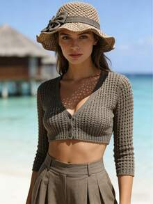 优雅法式风情女士草帽 - 手工编织渔夫帽，饰有复古荷叶边和蝴蝶结，轻便透气可折叠旅行沙滩帽，女士礼物 - 遮陽帽 - 查看 1