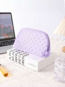 1 pieza Bolsa de maquillaje de red de nailon y poliéster con corazón púrpura, gran capacidad, transpirable, para almacenamiento de lápices labiales, bolsa de ducha liviana de malla con cremallera y asa, bolsa colgante portátil para almacenamiento de baño, que utiliza tecnología de secado rápido, bolsa de aseo portátil - Morado - Ver 4