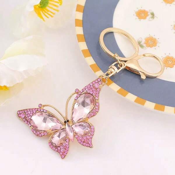 1pc Fashionable Colorful Crystal Butterfly Keychain, Alloy Bag/Car Key Chain Pendant, Creative Crystal Key Ring