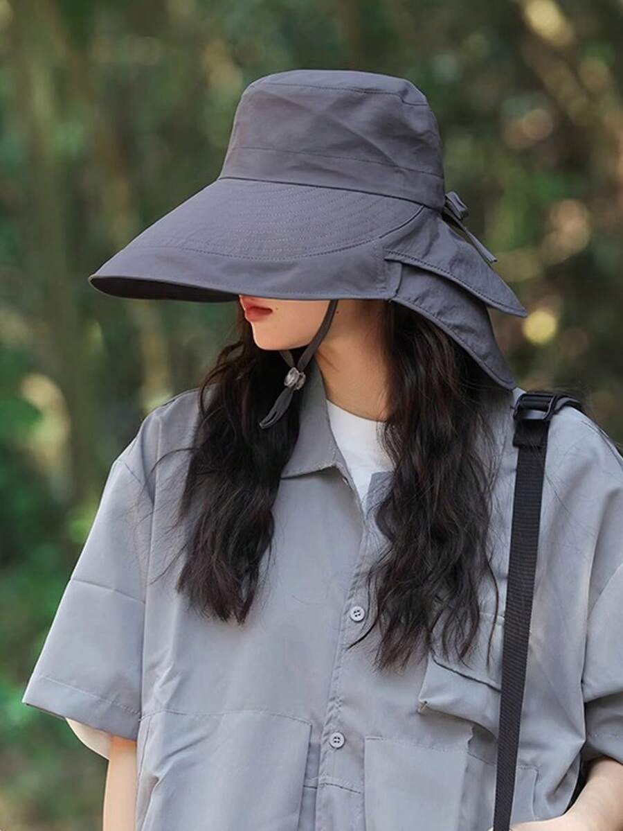 Women's Summer Sun Hat, Outdoor Cycling Neck Protector, Wide Brim, Breathable, Foldable, Hiking Bucket Hat, Fashionable, Versatile, Solid Color, Casual, Polyester Fiber (Polyester) Solid Color Windproof And UV Protection Hat For Spring And Summer., Beach, Vacation - Hat - View 1