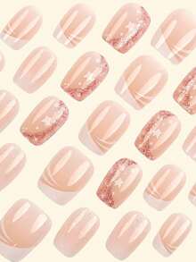 24片短方形亚克力美甲贴片，法式渐变设计，按压式美甲，闪亮星形图案，包含1片果冻胶和1个指甲锉，适合派对、活动和日常佩戴。适合女性和女孩。包含美甲工具。可塑形美甲套装 - 彩色 - 查看 2