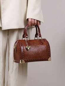 2025 New Fashionable High-End Women's Handbag, Large Capacity Boston Cushion Bag, Vintage Rivet Box Shoulder Bag, Versatile Personalized Street-Style Top Handle Satchel, Structured Box Bag - 彩色 - 查看 12