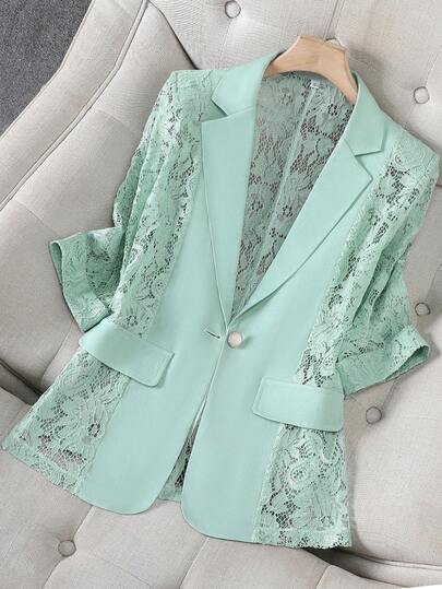 Chaqueta ligera de malla verde menta para mujer, uso casual de oficina, manga corta, talla pequeña para primavera