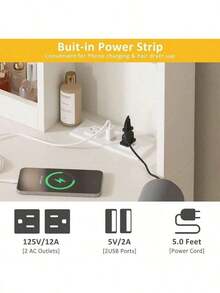 Habitdesign Vanity Tocador con Espejo y Luces, Tocador para Recamara con 3 Cajones y 2 Armario, Estantes Ocultos, Tocador de Maquillaje con Estación de Carga Escritorio - Blanco - Ver 6