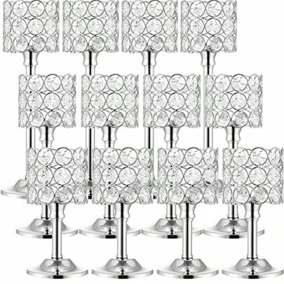 12 Pieces Crystal Candle Holders Set 3 Sizes Tall Crystal Wedding Candlestick Holders Pillar Candelabra Stand For Table Centerpieces For Christmas Party Wedding Dining Decoration Sier
