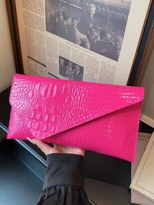 新款小众设计时尚鳄鱼纹压花信封包，复古风格女士手提包 - 玫紅色 - 查看 8