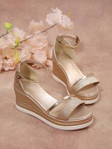 New Fashionable Solid Color Sexy Bohemian Platform Wedge Sandals For Women - Gold - View 2