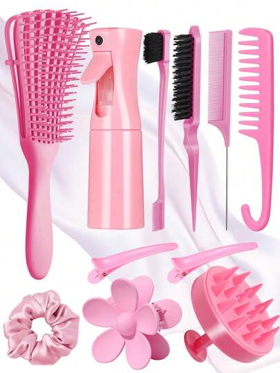 Set de 11 piezas de accesorios de peinado de moda para niñas, que incluye cepillo de pelo de pulpo para mojado y seco, peine de cola puntiaguda, peine de cola de rata, peine lateral, cepillo de pelo, pasadores de pelo, ligas para el pelo, aros para el pelo, peine de dientes anchos y (200ml) botella de agua de maquillaje de viaje con pulverización continua de alta presión y función multiusos para humectar, adecuada para estilistas, diseño de cabello, uso doméstico y de viaje al aire libre, mejor regalo personalizado para niñas y una opción ideal para regalos de accesorios para el cabello.