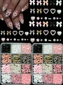 12 Compartments Mixed Resin Pearl Bow, Heart, Mini Flower Decorations, DIY Nail Art Accessories, Cute & Versatile Nail Jewelry - Multicolor - View 2