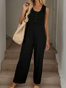 女士纯色休闲舒适前扣无袖连体裤，夏季黑色 - 黑色 - 查看 4