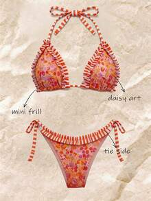 女士可爱橙色碎花挂脖比基尼套装，荷叶边装饰，侧系带，两件式泳衣 - 彩色 - 查看 1