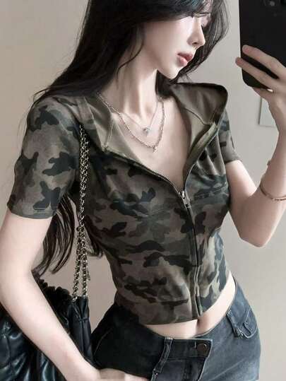 Korean Street Style Summer Zip-Up Fitted Camouflage Short Sleeve Hooded T-Shirt Cardigan Crop Top