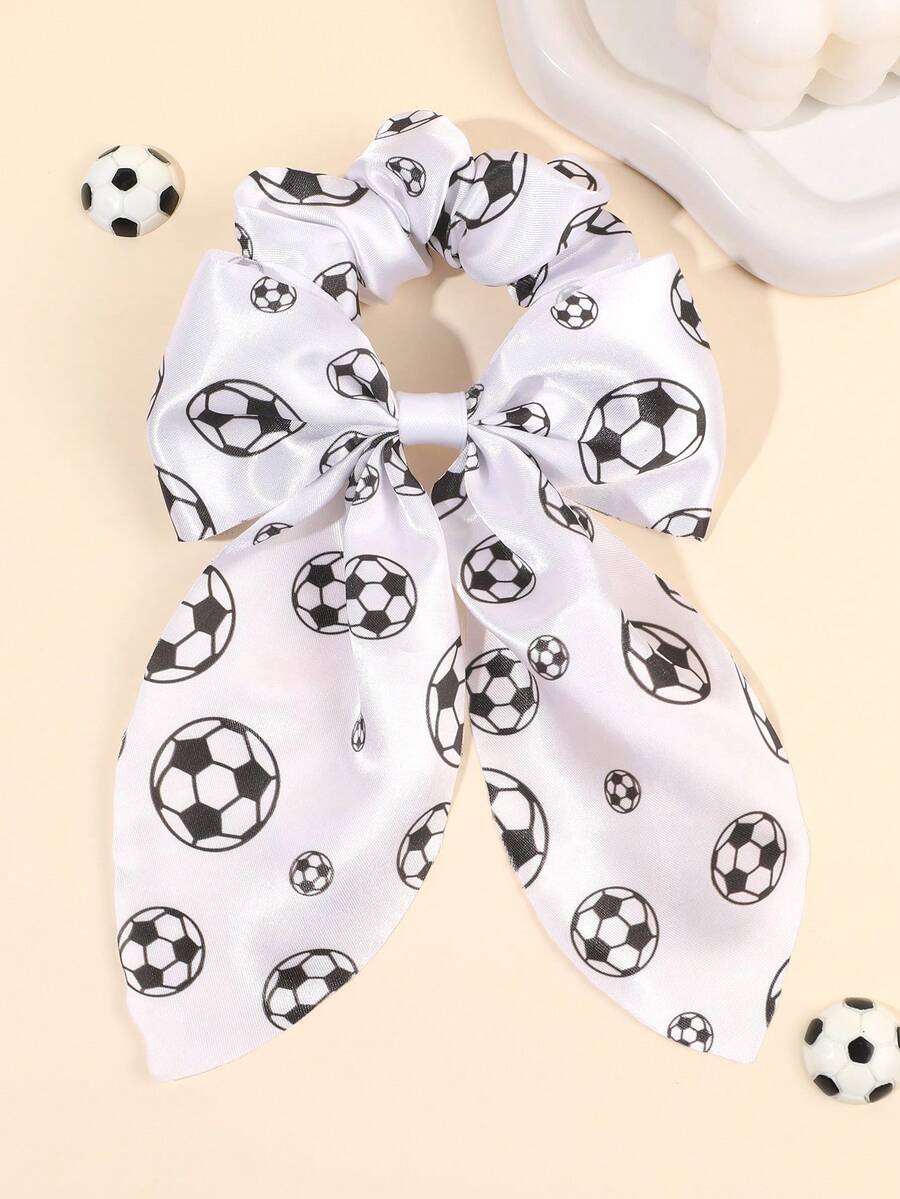 1pc Football Print Hair Scrunchie, Women's Black & White Satin Alligator Clip World Cup Cheer Hair Accessory, Sports Style Hair Tie Travel Accessories Ponytail Holders Hair Elastics Hair Rubber Bands Hair Rope Elastic Hair Tie - Black and White - View 1
