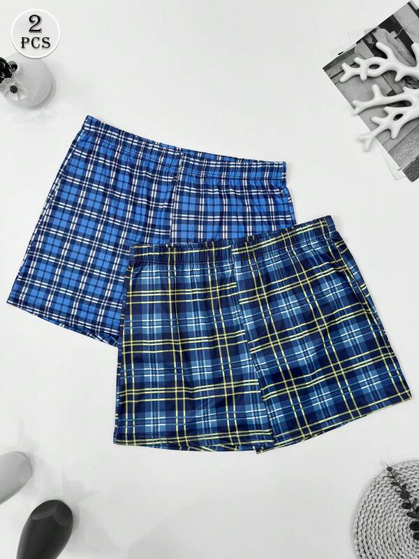 2条装男士宽松透气格子印花平角内裤，弹性腰带休闲睡裤，夏季穿着