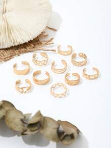 10 piezas Anillos para los dedos de los pies con diseño de estrellas y lunas, conjunto de joyas geométricas huecas ajustables en forma de 8 para la playa - Dorado - Ver 2