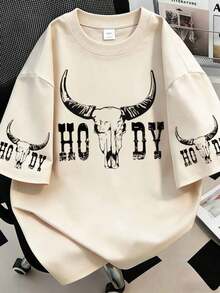 Tricou grafic Howdy Western de mărime mare, stil boho, casual, cu guler rotund, mânecă scurtă, simplu, potrivit pentru purtare zilnică, ieșiri în oraș, petreceri, școală, participare la festivaluri de muzică, vacanță, naveta. Poate fi oferit cadou familiei, iubitului, prietenei, prietenilor, hainelor de vară pentru fete. - Caisă - Vizualizare 1