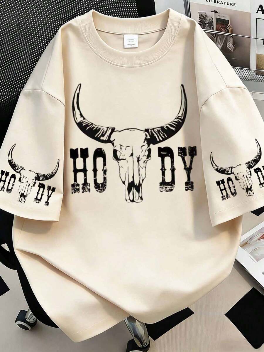 Tricou grafic Howdy Western de mărime mare, stil boho, casual, cu guler rotund, mânecă scurtă, simplu, potrivit pentru purtare zilnică, ieșiri în oraș, petreceri, școală, participare la festivaluri de muzică, vacanță, naveta. Poate fi oferit cadou familiei, iubitului, prietenei, prietenilor, hainelor de vară pentru fete. - Caisă - Vizualizare 1