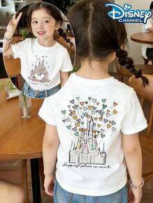 Disney Flower Castle T-Shirt, Flower Castle Mickey Mouse, Mickey Balloon Wrap Line Draft Castle, Fresh And Healing Print Pattern Summer Tops,Short-Sleeved Casual And Cute Style  Children's Clothing Design, Girl Clothes For Kids ,Ropa Para Niños,Girl Clothes For Kids,Graphic Tee, Summer Clothes,Perfect For Cool Girls. Comfortable And Breathable Children's Short-Sleeved T-Shirt. Comfortable And Casual Wear All Year Round 180g Pure Cotton Children's Clothes,Comfortable & Lightweight, Iconic Print For Mix-And-Match Outfits,Suitable For Both Boys And Girls. - White - View 1