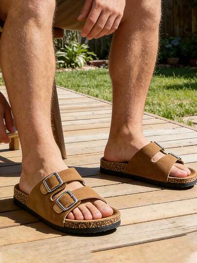 Men's Soft Cork Sole Slip-On Mule Sandals, Comfortable Footbed Casual Summer Outdoor Beach Slippers, Unisex Couple Shoes, Men's Flat Sandals