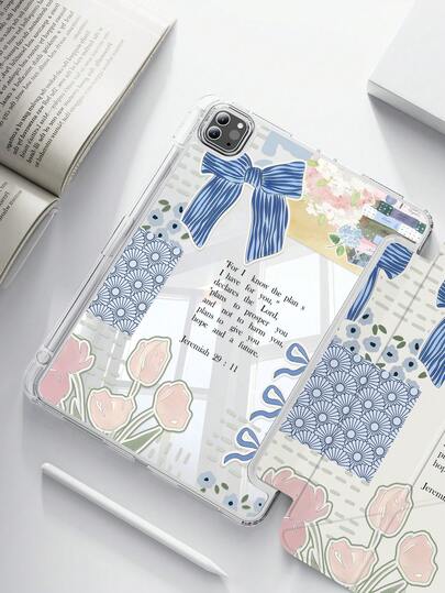 1pc Cute Cartoon Tulip Bow Floral Print Double-Sided Acrylic Transparent Crystal Back Cover, Shock-Resistant And Durable, Suitable For IPad 7th, 8th And 10th Generation (10.2 Inch). It Has A Built-In Pen Slot And Supports Sleep/Wake Function. An Ideal Gift For Halloween And New Year.