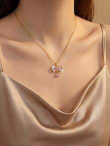 1 chiếc dây chuyền mặt hình bướm mạ vàng dành cho nữ - Dây chuyền mặt hình bướm thanh lịch với ngọc bích hồng và đá cubic zirconia trong suốt hình giọt nước, trang sức tối giản hàng ngày, quà tặng công sở, ngày Valentine, sinh nhật, kỷ niệm cho mẹ, bạn gái, vợ. - Nhiều màu - Xem 4