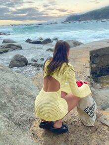 Women's Solid Color Sexy Hollow See-Through Backless Design Long Sleeve Coverup Crop Dress, Suitable For Beach Vacation, Spring/Summer White - 淺黃色 - 查看 4