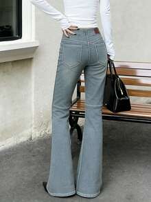 女式双排扣弹力金色纽扣喇叭牛仔裤 - 復古洗水藍 - 查看 4